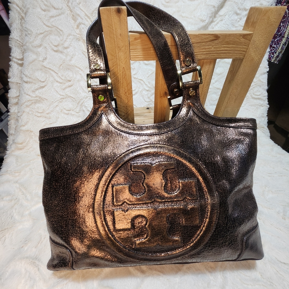 EUC TORY BURCH METALLIC BROWN/BRONZ BAG GOLD HARDWARE FULL ZIP